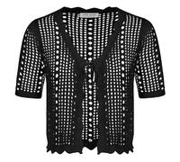 Kate Kasin Womens Casual Short Sleeve V-Neck Cardigan Hollow Textured Sweater Black S