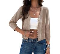 Kate Kasin Women's Crochet-Style Textured Cardigan Bolero V-Neck Button-Front 3/4 Sleeves Knitted Jacket Khaki L