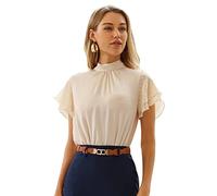 Kate Kasin Women's Elegant Casual Blouse Tops Loose Front Pleated Bow Tie Neck Shirts Champagne