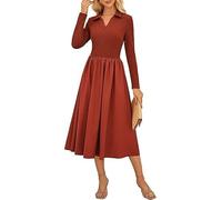 Kate Kasin Women's Elegant Long Sleeve Dress Lapel Collar V-Neck Mid-Calf Church Dress Rust Red XXL