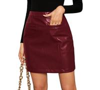 Kate Kasin Women's Faux Leather Mini Skirt - Bodycon, High Waist, PU, Pencil with Pocket, Burgundy Red, L