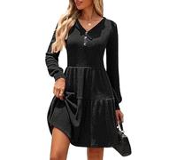 Kate Kasin Women's Flared Mini Dress Long Sleeve V-Neck Button Front Maternity Wear Textured Knit Casual Dress with Pockets Black M
