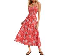 Kate Kasin Women's Floral Sundress Summer Maxi Casual Beach Dress V-Neck Spaghetti Straps Smocked Dress Orange L