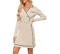 Kate Kasin Women's Jumper Dress, A Line V-Neck Long Sleeve Knitted Sweater, Lapel Dress, Decorative Button Striped Vintage Daily Midi Dress, Knitted Dresses, Casual Dress, Autumn Winter, apricot, L