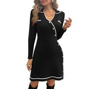 Kate Kasin Women's Jumper Dress, A Line V-Neck Long Sleeve Knitted Sweater, Lapel Dress, Decorative Button Striped Vintage Daily Midi Dress, Knitted Dresses, Casual Dress, Autumn Winter, black, M