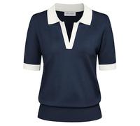Kate Kasin Women's Jumper Short Sleeve Summer Polo Sweater Elegant Basic Knit Tops Navy Blue-White L