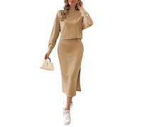 Kate Kasin Women's Knitted Two Piece Set Long Sleeve Sweater Top and Midi Skirt Bodycon Turtleneck Dress Ginger Yellow L