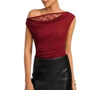 Kate Kasin Women's Lace Tops Summer Sleeveless Ruched Blouse Shirt Elegant Cowl Neck One-Shoulder Off Shoulder Sexy Tank Vest Red S