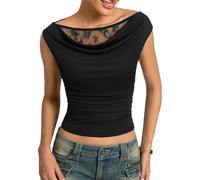 Kate Kasin Women's Lace Tops Summer Sleeveless Ruched Blouse Shirt Elegant Cowl Neck One-Shoulder Off Shoulder Sexy Tank Vest Black L