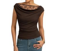 Kate Kasin Women's Lace Tops Summer Sleeveless Ruched Blouse Shirt Elegant Cowl Neck One-Shoulder Off Shoulder Sexy Tank Vest Brown XXL