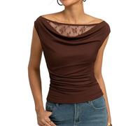 Kate Kasin Women's Lace Tops Summer Sleeveless Ruched Blouse Shirt Elegant Cowl Neck One-Shoulder Off Shoulder Sexy Tank Vest Bole XXL
