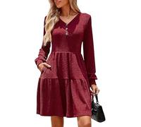 Kate Kasin Women's Long Sleeve Sweater Dress V-Neck Tiered A-Line Dress Textured Knit Mini Skirt with Pockets for Christmas Wine XL