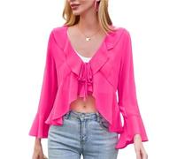 Kate Kasin Women's Long Sleeve V-Neck Bolero Chiffon Front Neck Tie Ruffle Shrug Rose Red XL