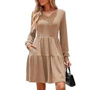 Kate Kasin Women's Maternity Swing Dress V-Neck Long Sleeve Plus Size Button Front Textured Knit A-Line Dress with Pockets Khaki XXL