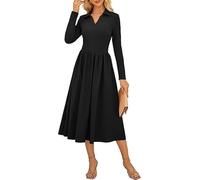 Kate Kasin Women's Ribbed Knit Polo Dress Long Sleeve V-Neck Lapel Collar Midi A-Line Wedding Guest Dress Black L