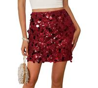 Kate Kasin Women's Sequin Glitter Mini Skirt - Stretchy High Waist Hip Wrap Pencil Skirt for Party, Bodycon Short Sequin, Red, L