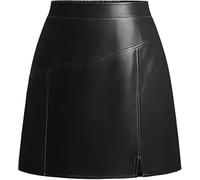 Kate Kasin Women's Short Leather Skirt High Waisted A-Line Plus Size Skirts with Side Zipper Front Slit for Club Party Black XXL
