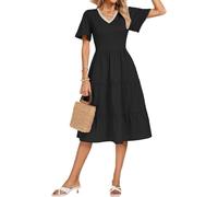 Kate Kasin Women's Short Sleeve V-Neck Tiered A-Line Midi Dress Contrast Fabric Spring Summer Casual Flared Skirt Elegant Party Cocktail Wedding Guest Dresses Black L