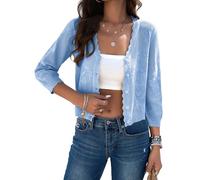 Kate Kasin Women's Shrug for Dress Elegant 3/4 Sleeve Button Down Knit Hollow Out Textured Cardigan Sweater Outwear M Light Blue