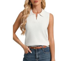 Kate Kasin Women's Sleeveless Wool Blend Knit Tops Polo Collar Sweater Vest Caual Lightweight Spring Summer Tops White L