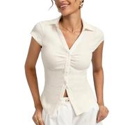 Kate Kasin Women's Slim Fit Chic Summer Top V-Neck Collar Casual Button Shirt Short Sleeve Pleated Textured Blouse White XXL