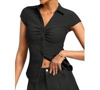 Kate Kasin Women's Slim Fit Chic Summer Top V-Neck Collar Casual Button Shirt Short Sleeve Pleated Textured Blouse Black M