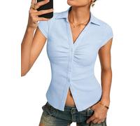 Kate Kasin Women's Slim Fit Chic Summer Top V-Neck Collar Casual Button Shirt Short Sleeve Pleated Textured Blouse Light Blue XL