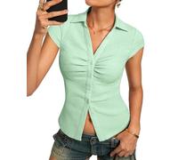 Kate Kasin Women's Slim Fit Chic Summer Top V-Neck Collar Casual Button Shirt Short Sleeve Pleated Textured Blouse Mint Green L