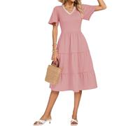 Kate Kasin Women's Spring Summer Midi Dress V-Neck Short Sleeve Tiered A-Line Skirt Contrast Fabric Casual Elegant Party Cocktail Wedding Guest Dresses Pink L