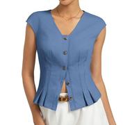 Kate Kasin Womens Summer Cotton Tops Ladies Sleeveless Cap Sleeve Blouse Button Up Casual V Neck Vest Denim Blue L