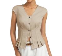 Kate Kasin Womens Summer Cotton Tops Ladies Sleeveless Cap Sleeve Blouse Button Up Casual V Neck Vest Khaki XL