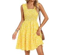 Kate Kasin Women's Summer Floral Dress Sleeveless Square Neck Smocked Bodice A-Line Sundress Above Knee Casual Beach Wear Yellow Floral XXL