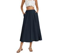 Kate Kasin Women's Summer Maxi Skirt Ladies Elastic High Waist A-Line Long Skirts with Pockets Navy Blue L