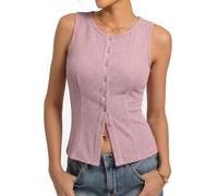 Kate Kasin Women's Summer Sleeveless Crew Neck Tops Sexy Slim Fit Y2K Vest Casual Button Up Going Out Blouses Pink S