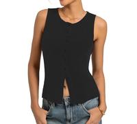 Kate Kasin Women's Summer Sleeveless Crew Neck Tops Sexy Slim Fit Y2K Vest Casual Button Up Going Out Blouses Black L