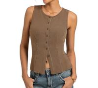 Kate Kasin Women's Summer Sleeveless Crew Neck Tops Sexy Slim Fit Y2K Vest Casual Button Up Going Out Blouses Brown XL