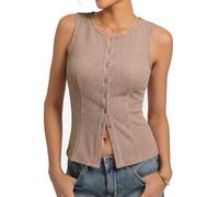 Kate Kasin Women's Summer Sleeveless Crew Neck Tops Sexy Slim Fit Y2K Vest Casual Button Up Going Out Blouses Camel XXL