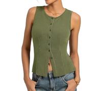 Kate Kasin Women's Summer Sleeveless Crew Neck Tops Sexy Slim Fit Y2K Vest Casual Button Up Going Out Blouses Dark Green L