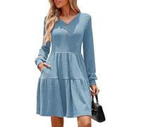 Kate Kasin Women's V-Neck Textured Knit Dress Long Sleeve Button Front A-Line Swing Mini Dress with Pockets Casual Steel Blue L