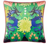 Kate Merritt Dragon Cushion Cover - Velvet, Reversible Oriental Bloom Design, Hand-Designed Dragon, Hidden Zip, Contrast Piping