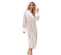 KATE MORGAN Ladies Dressing Gown Fluffy Super Soft Hooded Robe for Women Plush Fleece Perfect Loungewear Long Robes Gifts for Women Beige 8-10
