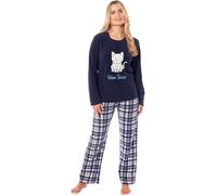 KATE MORGAN Women's Pyjamas Warm Fleece Pyjama Set for Ladies S-XL | Soft Twosie Pjs for Her Snuggle Up Navy Cat