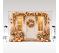 Kate Photography Backdrop 10x10ft Fall Pampas Grass White Door Pumpkins