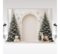 Kate Photography Backdrop 6.5x6.5ft Christmas White Arch Trees Rocking | Snowy alcove with frosted firs and charming teddy and toy horse details for Christmas mini sessions and family portraits