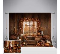 Kate Rustic Fall Wooden Window Photography Backdrop 2.2x1.5m/7x5ft Autumn Harvest Wood Cabin Pumpkin Background for Family Banner Photoshoot Baby Shower Party Portrait Photos