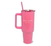Kate Spade New York 40 Ounce Tumbler with Handle and Straw, Double Wall Stainless Steel Insulated Tumbler, Cupholder Friendly 40 oz Cup, Pink Metal Tumbler for Hot or Cold Drinks, Pink