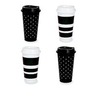 Kate Spade New York Black/White Reusable Travel Tumbler Set of 4, 16 Ounce BPA-Free Plastic Cups with Lids, Coffee Mugs for Hot or Cold Drinks, Dots and Stripes