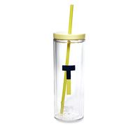 Kate Spade New York Insulated Initial Tumbler with Reusable Straw, 20 Ounce Acrylic Travel Cup with Lid, T (Yellow)