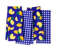 Kate Spade New York Lemon Party and Spring Gingham Kitchen Towels 4-Pack Set, Absorbent 100% Cotton, Navy Blue/Yellow, 17"x28"