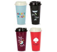 kate spade new york Reusable Coffee Cups with Lids, Travel Tumbler Set of 4, 16oz BPA-Free Plastic Cups with Lids, Coffee Mugs for Hot or Cold Drinks, Happy Hour